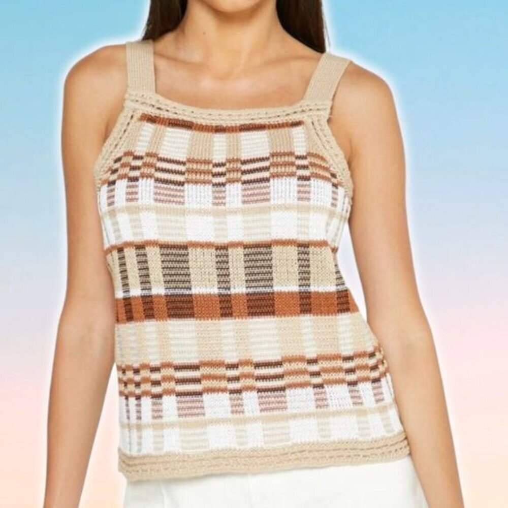 BANANA REPUBLIC Plaid Square Neck Cropped Sweater Tank Sz Small Natural
